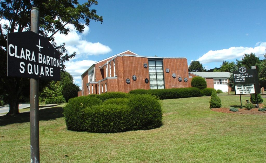 Church exterior, with Clara Barton Square sign