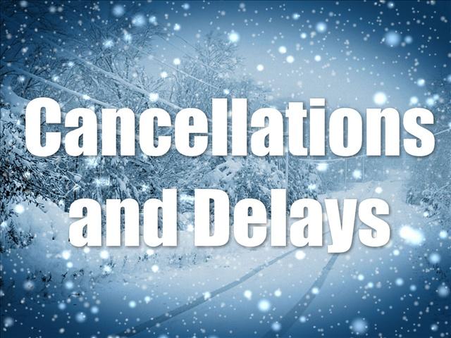 cancellations and delays sign with snowflakes