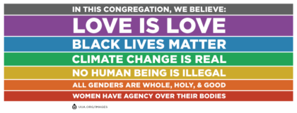 In this congregation we believe banner from the UUA