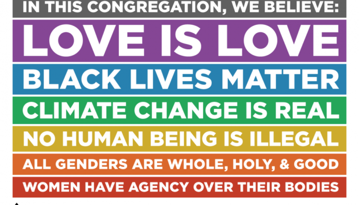 rainbow banner from uua reading we believe love is love, black lives matter