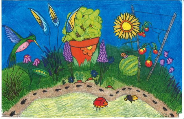 colorful drawing showing potted plants, yellow daisies, beetles and ants along a garden pathway.