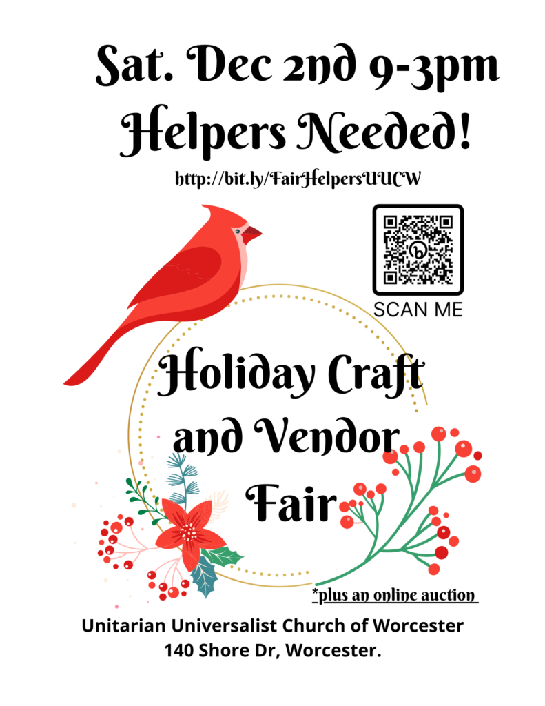 Poster that reads Holiday Craft and Vender fair, Saturday, December 2, 2023 from 9 to 3 pm. Helpers Needed! 