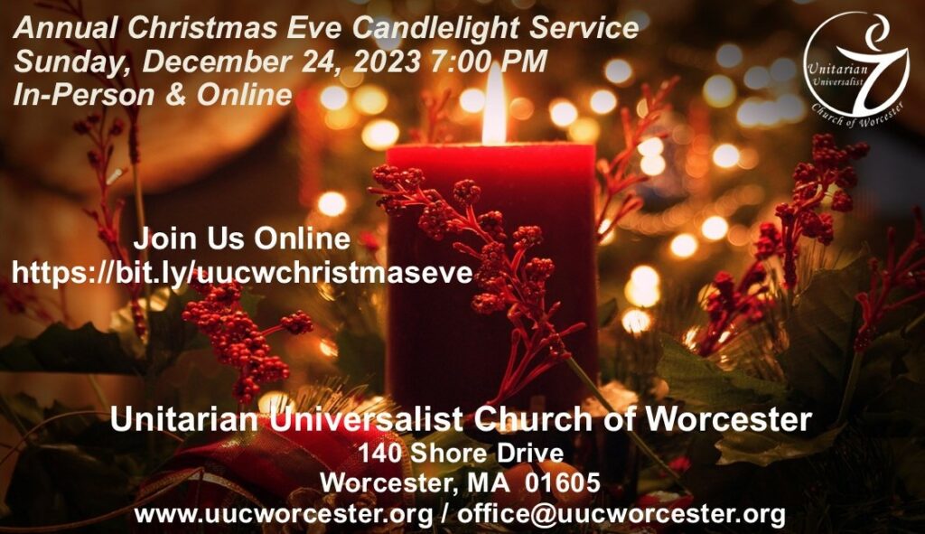 service info for christmas eve candlelight service - 7pm at UUCW