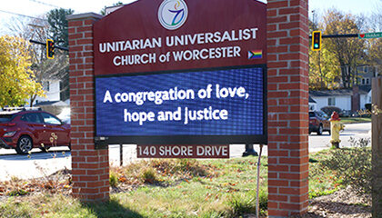 UUCW sign with message "a congregation of love, hope and justice"
