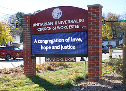 UUCW sign with message "a congregation of love, hope and justice"