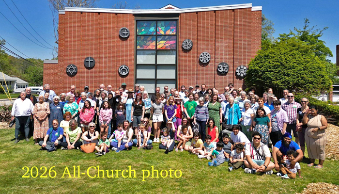 2026 UUCW All-church photo w-title 2026 All church photo taken in front of church buildidng